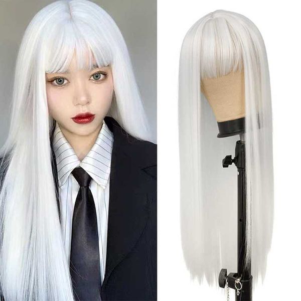 

synthetic wigs fgy 26 inch long straight with bangs white wig cosplay red green lolita ladies anime high temperature fiber, Black