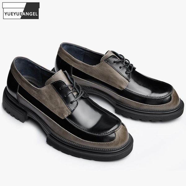

dress shoes business men formal cow genuine leather lace up colors mixed block heels wedding man vintage office work, Black