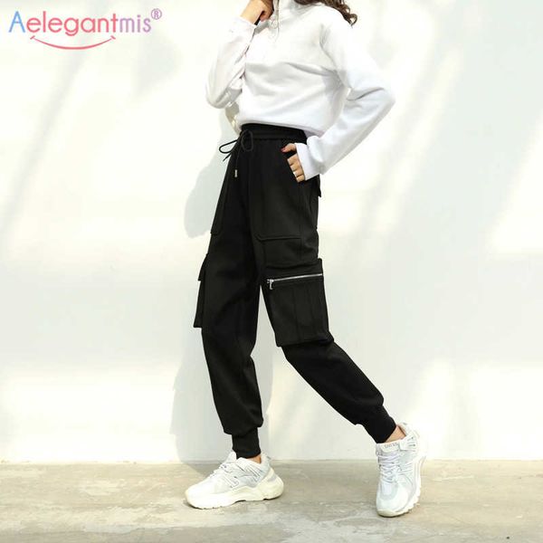 

aelegantmis spring autumn casual cargo pants women fashion pockets high waist trousers black hip hop korean style ladies 210607, Black;white