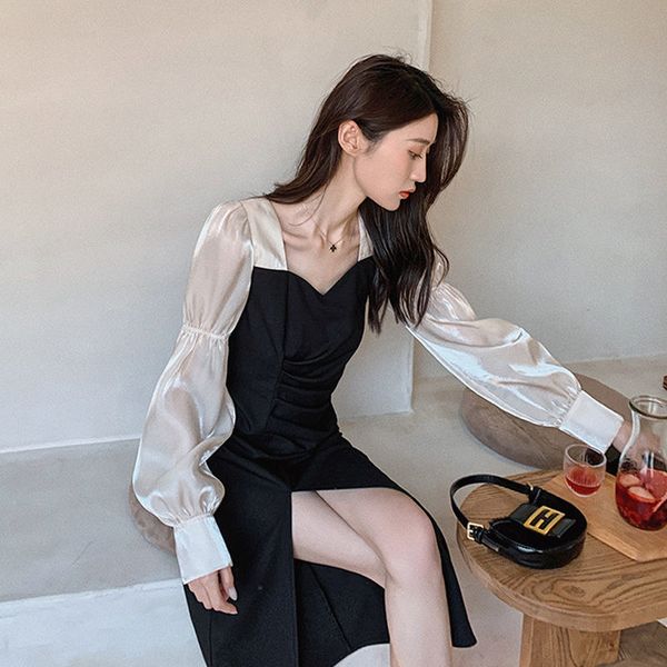 

style small group platycodon skirt spring square collar bubble plied dress, Black;gray