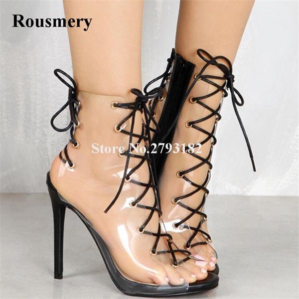 

unique style open toe pvc lace-up gladiator sandals cut-out transparent high heel ankle booties dress shoes, Black