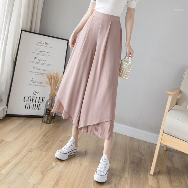 

women's pants & capris summer korean loose wide leg chiffon ankle-length pant with ruffle fashionable high waist elastic trousers, Black;white