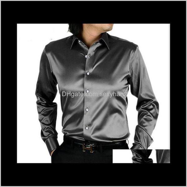 Camisetas Roupas Vestuário Gota entrega 2021 Homens Moda Coréia Silk Silk Mens Manga Longa Casal Casais Camisa Preto Vestido De Casamento Branco Golee