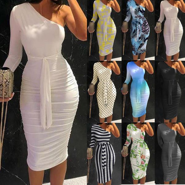 

fashion bodycon one shoulder women tracksuits long sleeve ruched belt dresses party club solid slim dress autumn robe femme, Gray