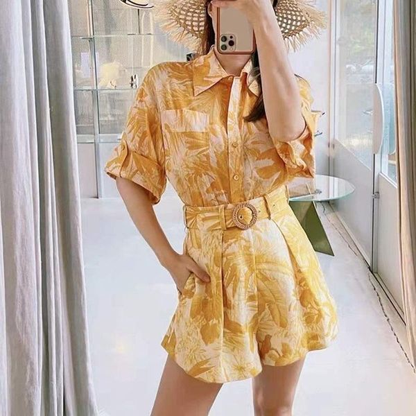 

tianluo holiday style 2021 summer pants set single breasted yellow print lapel shirt + belted high waist women's shorts tracksuits, Gray