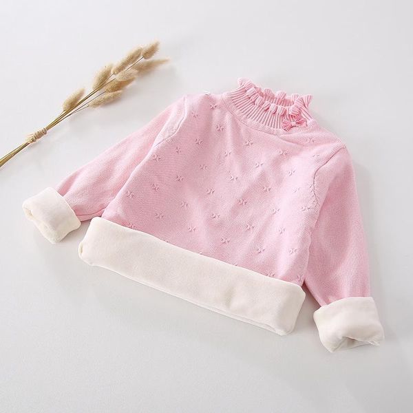 

pullover 2-8 year fashion bow children's sweater 2021 winter plush girl cartoon turtleneck pullovers kids knitted stretch bottoming shi, Blue