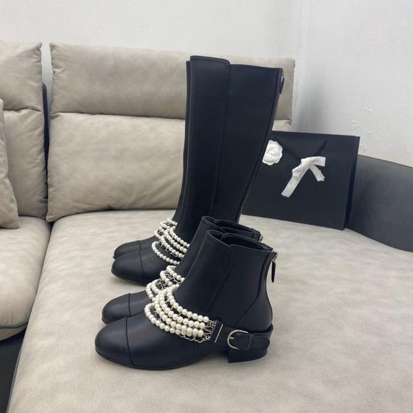 

boots women ankle pearls chain metal decoration round toe modern belt buckle black shoes genuine leather zapatos de mujer