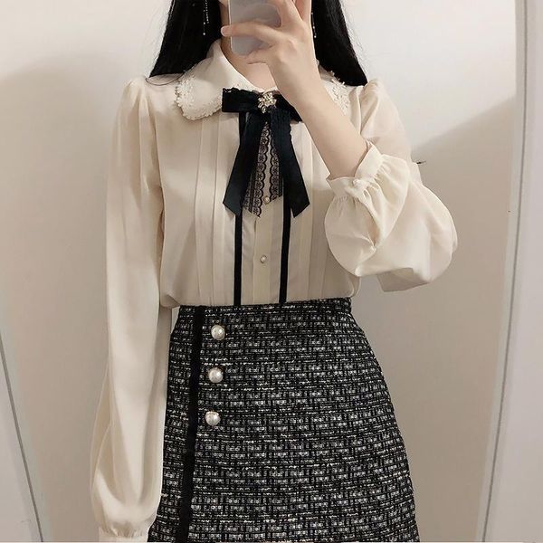 

women's blouses & shirts brand flower lapel collar lace bowtie long sleeve women blouse elegant chiffon shirt ladies chemise blusa mu8, White