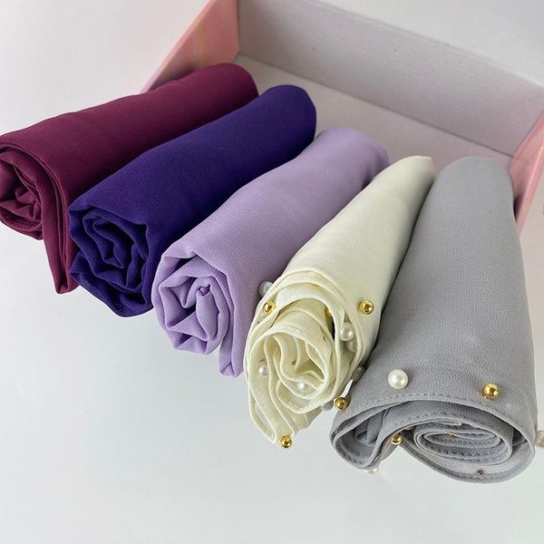 

ethnic clothing bubble chiffon pearl hijab solid muslim scarf ladies shawl wrap custom female foulard stoles 5pcs/gift box, Red
