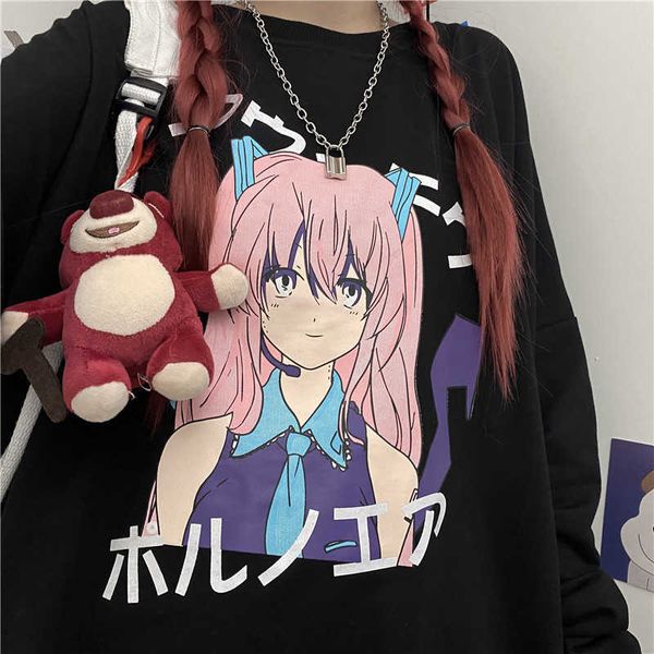 

japanese fashion casual dark punk loose big size hip-hop cartoon letter fun long sleeve o-neck female harajuku sweatshirt 210608, Black