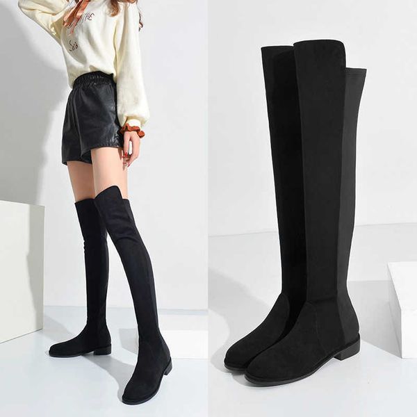 

women's children 2021 boots british style elastic thick heel suede round head long tube fashion, Black