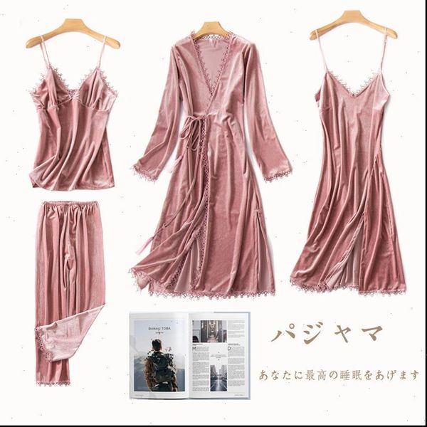 

velvet pajama sets autumn womens sleepwears winter warm pijamas cami robe 4pcs sleepwear elegant pyjamas home clothes, Black;red