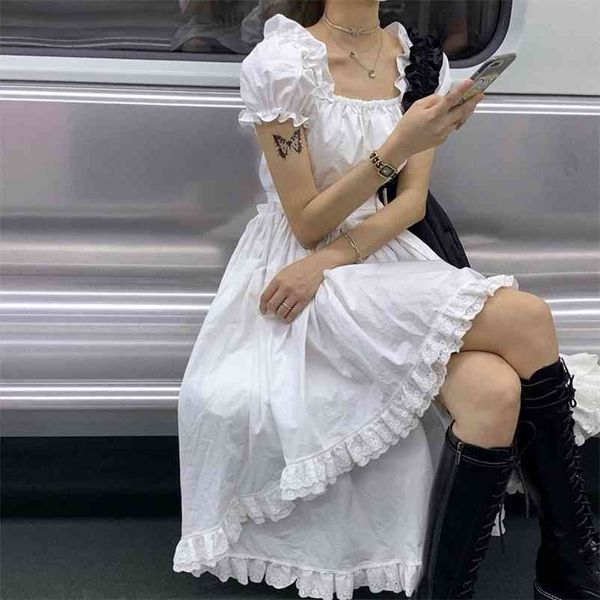 Koreanische Elegante Casual Frauen Sommer Kleid Weibliche Quadrat Kragen Vintage Puff Hülse Unregelmäßige Spitze Splice Midi Langes Kleid Vestidos 210331