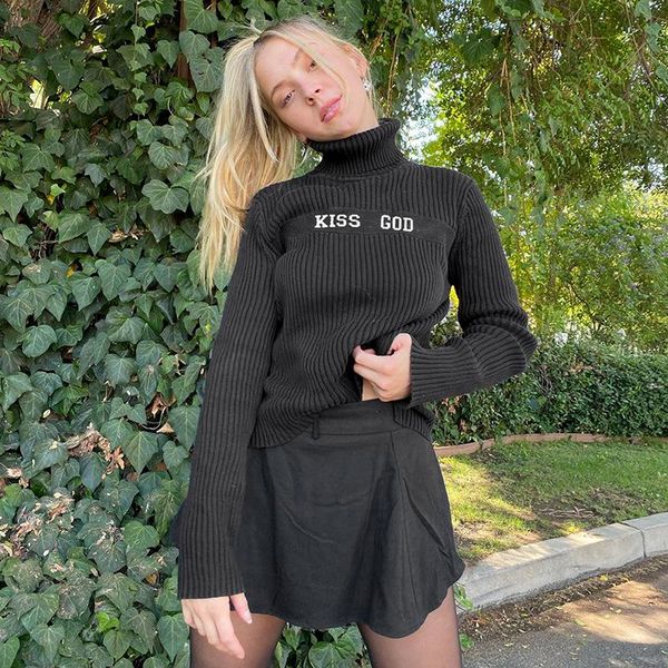 

women's sweaters seasons letter print harajuku turtleneck knitted sweater autumn long sleeve pullover knitwear casual jumper ladies ast, White;black