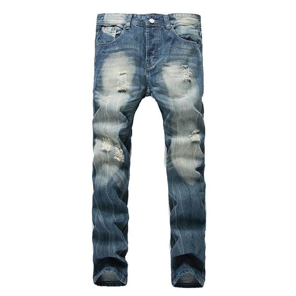 

men's jeans fashion all-match ripped straight slim pants, Blue