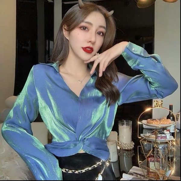 

spring blue v neck womens shirts long sleeve waist tie cross solid shirt stylish female blouse, White