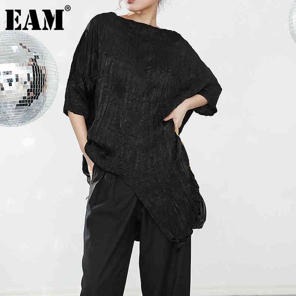 

[eam] women black wrinkled irregular split big size t-shirt round neck half sleeve fashion spring summer 1w31801 21512, White