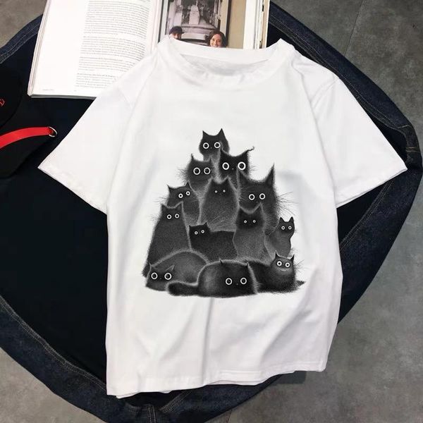 

women's t-shirt t-shirts women cartoon cat short sleeve cute spring summer fashion clothes graphic t tshirt lady print female tee, White