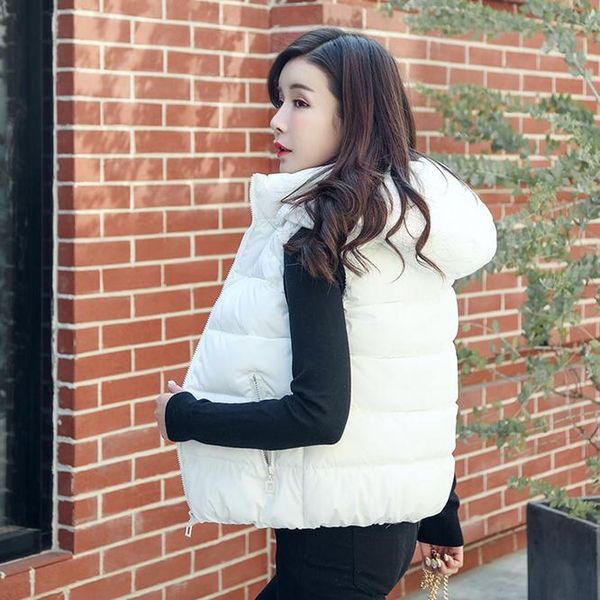 

women's vests 2021 plush autumn winter down cotton vest with hat zipper girls leisure outdoor warm coat white, Black;white