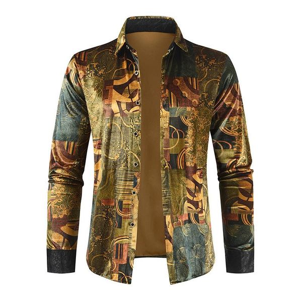 

men's dress shirts 2021 gold velvet printed shirt cardigan flower bottomed casual, White;black