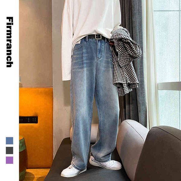 

firmranch spring/autumn men basic retro straight trousers wide leg loose jeans student 3 colour long boys demin pants, Blue