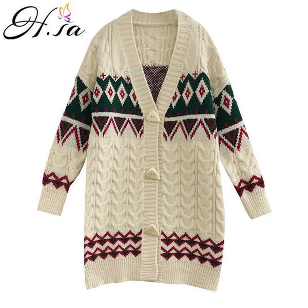 

h.sa winter long sweater cardigans v neck button up casual knitting long coat warm thick argyle vintage knitting jacket 210716, White;black