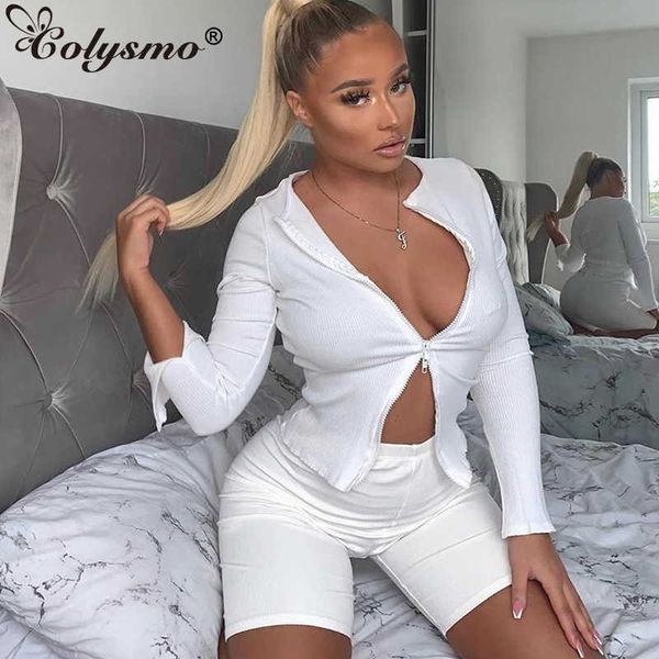 

colysmo white two piece set women chie zipped split sleeve t-shirt biker shorts s fashion basis streetwear 2 black 210527