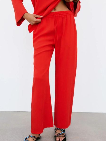 

women's pants & capris woman 2021 summer red women clothing trousers chic elastic high waist wide leg loose pocket casual straight, Black;white