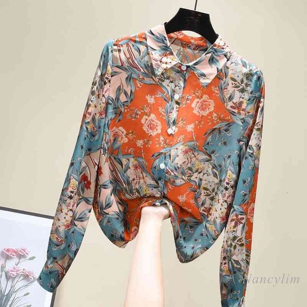 

blouses floral print shirt women's spring fashion all-match long sleeve loose elegant chiffon blouse blusas femme, White