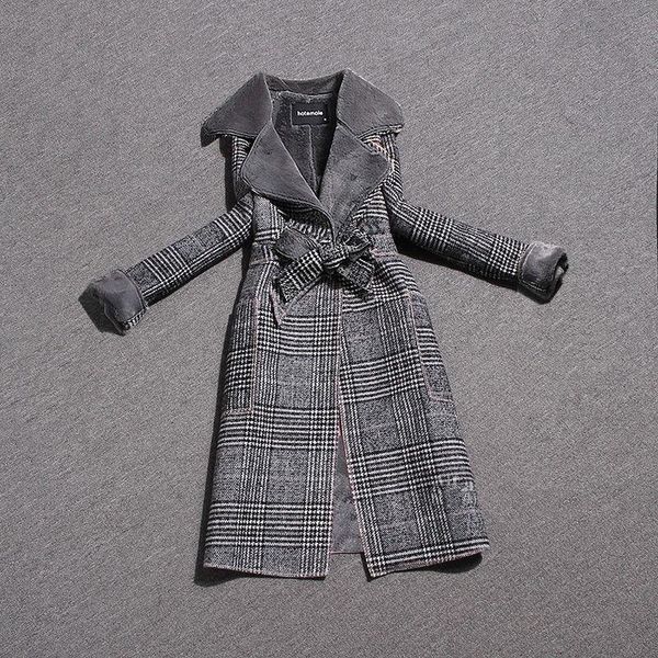 

women's wool & blends women slim belt turndown collar coats fashion vintage plaid coat ladies autumn winter warm faux liner outerwear x, Black