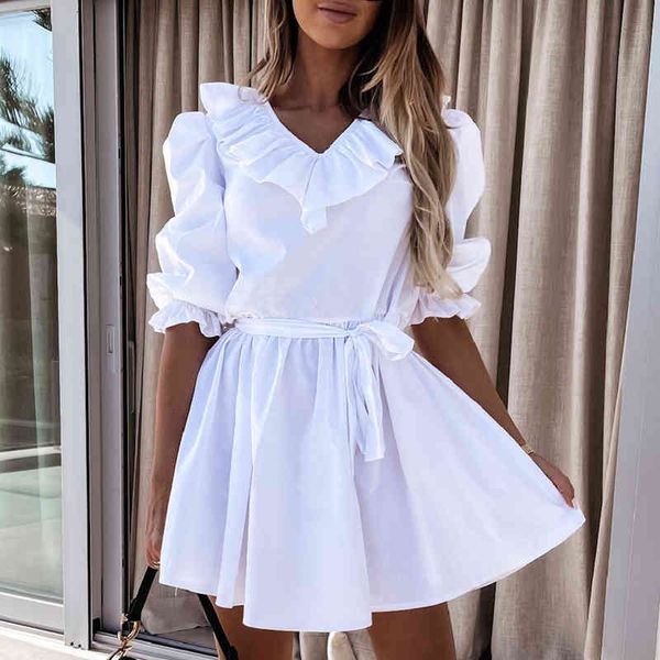 

women dress solid color ruffle short women v neck tight waist dress outdoor ladies elegant party mini dresses, Black;gray