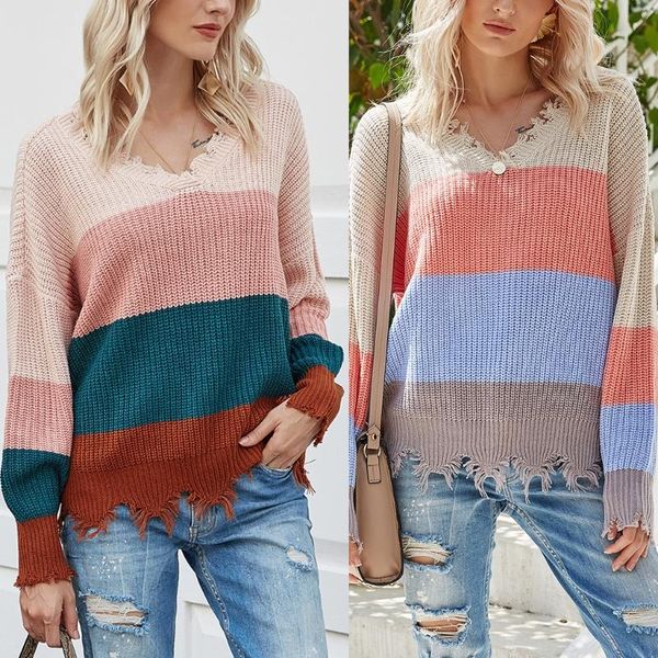 

women's sweaters women autumn long sleeve knitted sweater v-neck backless color block striped pullover ripped trim loose jumper, White;black