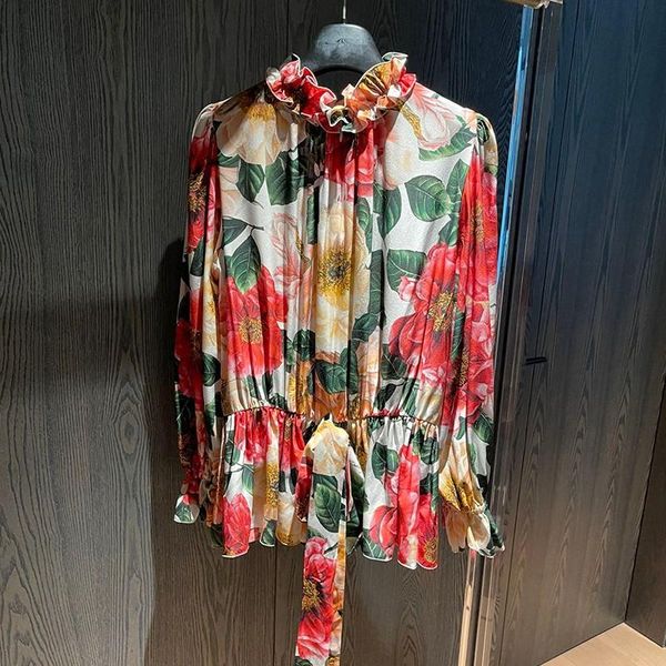 

women's blouses & shirts 2021 spring 100% silk flowers print long sleeve elegant floral, White