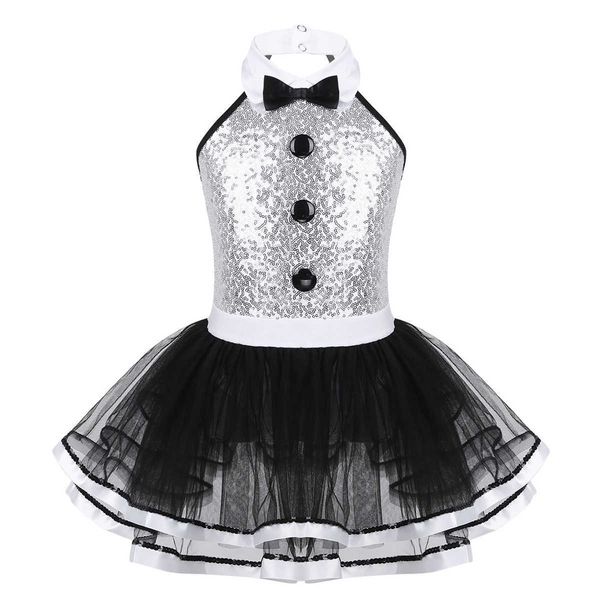 Kinder Mädchen Ballett Tanz Kleider Dancewear Ärmel Glänzenden Pailletten Gymnastik Trikot Mesh Tutu Kleid Modern Dance Kostüm Q0716