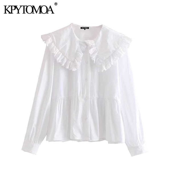 

kpytomoa women sweet fashion with peter pan collar ruffled blouses vintage long sleeve button-up female shirts chic 210721, White
