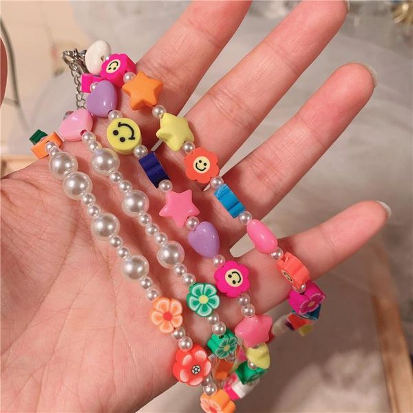 

pendant necklaces abdo 2021 korean sweet colorful star heart smile acrylic flowers boho beaded clavicle for women girls jewelry, Silver