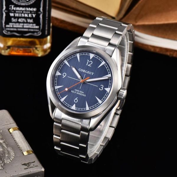 

corgeut 41mm men clock blue dial automatic mechanical sapphire crystal bracelet mens wristwatch luxury brand wristwatches, Slivery;brown