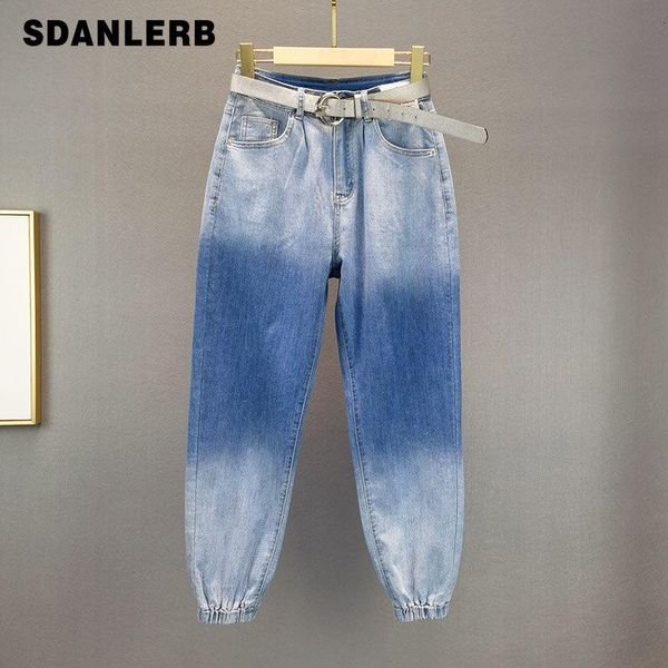 

women's jeans cotton stretch thin 2021 summer high waist loose slimming casual trousers all-matching ankle-tied harem pants, Blue