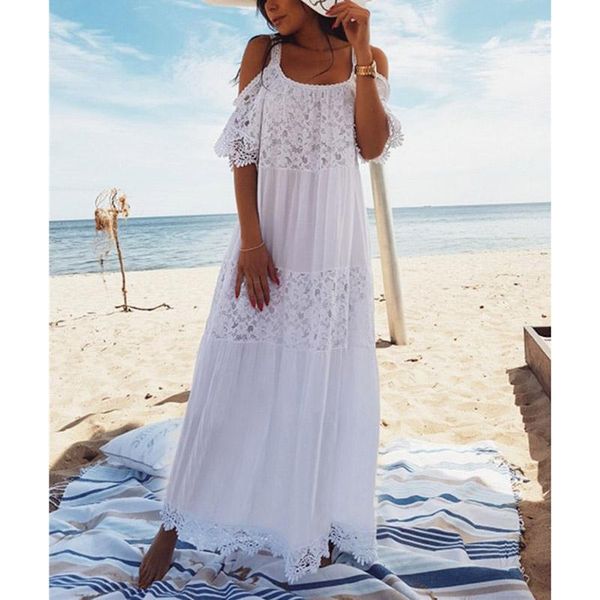

casual dresses ordi2021 summer women long beach dress vintage off shoulder white lace loose maxi, Black;gray