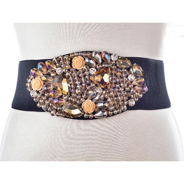 

belts bohemian style korean flower fashion boutique cintos femininos ladies diamond inlaid wide elastic for women, Black;brown
