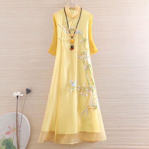 

chinese style women organza qipao dress summer royal embroidery bamboo vintage elegant lady luxurious cheongsam s-xxl ethnic clothing, Red