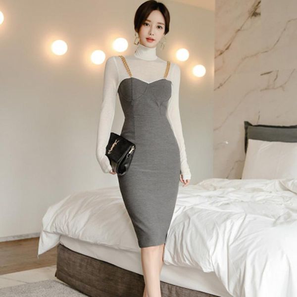 

casual dresses 2021 spring womens patchwork dress collar slim party work sheath bodycon vestidos, Black;gray