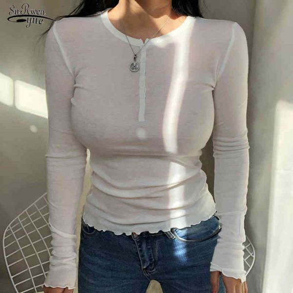 

white feminina thin shirts women korean autumn v-collar joker solid blouse button slim fit blusas 6884 50 210508