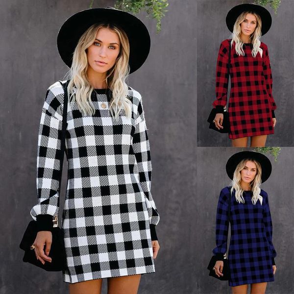 

casual dresses women leisure ladies plaid printed round neck long sleeve autumn vintage skinny loose knitted short dress, Black;gray