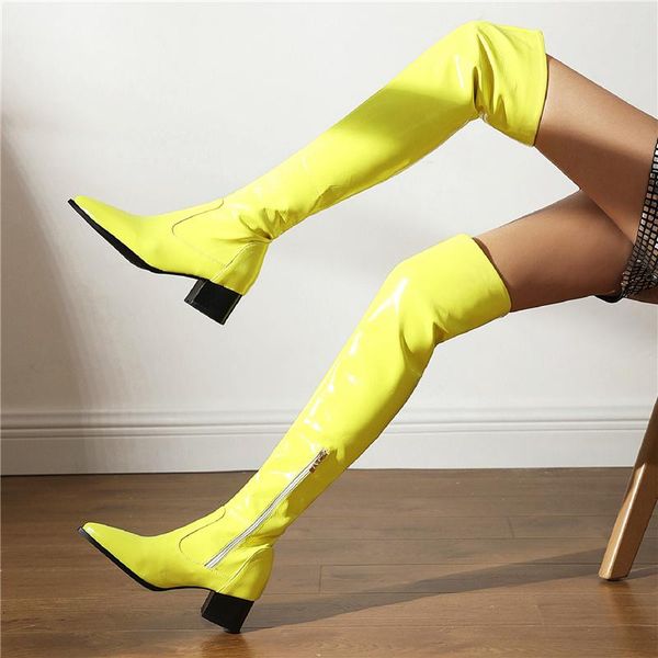 

boots fashion over the knee women black yellow beige thigh high female patent square low heels party shoes lady large size