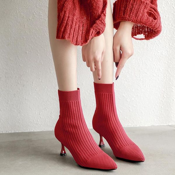 

boots 2021 winter autumn socks shoes women stretch short stiletto heel pointed toe ankle breathable comfy lady, Black