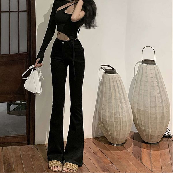 

high waist slim wide leg pants autumn black horn, Blue
