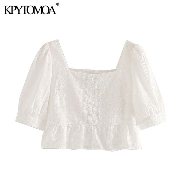 

women sweet fashion embroidery ruffled cropped blouses puff sleeve back elastic female shirts chic 210420, Black;white
