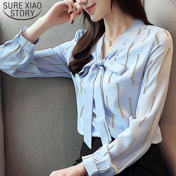 

autumn fashion long sleeve women striped chiffon blouses v-neck women clothing blue casual women office lady 5497 50 210527, White