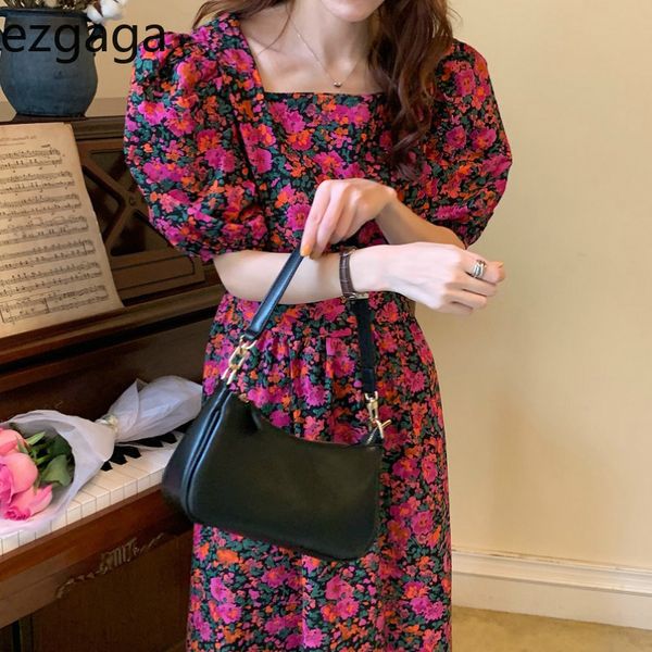

ezgaga vintage elegant dress women spring square collar long puff sleeve bandage high waist floral dress tender vestidos 210430, Black;gray